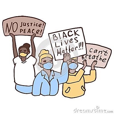 BLM anti racist protest with black lives matter text on white isolated backdrop. Vector Illustration