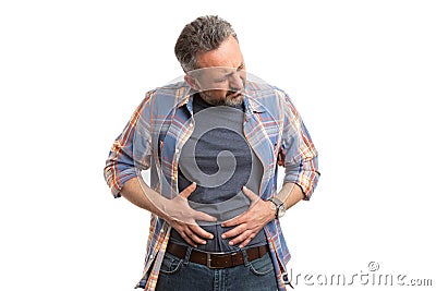 Bloated man touching abdomen Stock Photo