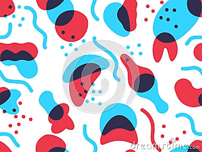 Blob shape pattern. Seamless organic irregular abstract pebbles. Decorative modern texture with blue and red round Vector Illustration