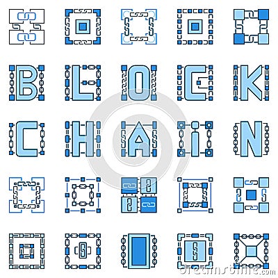 Block Chain blue icons set - vector Blockchain creative sings Vector Illustration