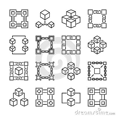 Block chain icons. Collection of 16 vector blockchain signs Vector Illustration