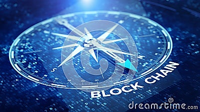 Block chain network concept - Compass needle pointing Blockchain word Stock Photo