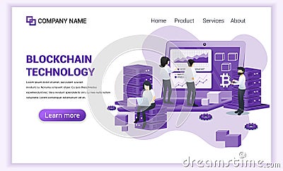 Block chain technology concept with people working on giant screen laptop. Can used for Web banner, landing page, web template. Vector Illustration