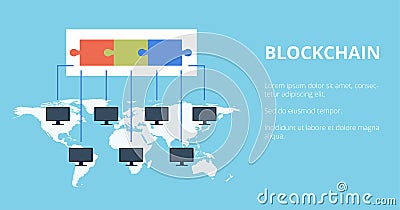 Block chain Technology vector illustration. Public database of transactions is recorded on computers running on the same Vector Illustration