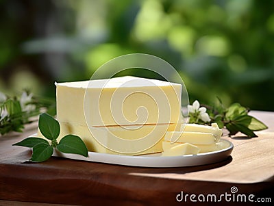 A block of fresh, creamy butter sits on a wooden board garnished with green leaves, embodying wholesome simplicity Stock Photo