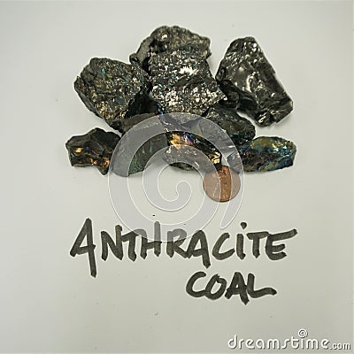 Anthracite coal hand samples with penny Stock Photo