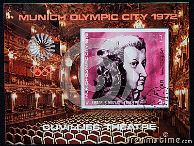 Block postage stamp printed in Yemen in honor of the 1972 Munich Summer Olympics. Hall of the Munich Cuvillies Theatre and a Editorial Stock Photo