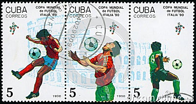 Block of postage stamps for the World Cup in 1990 Editorial Stock Photo