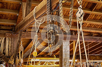 Block and Tackle in Boat Shop Stock Photo