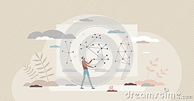 Blockchain analytics as centralized and distributed tiny person concept Vector Illustration
