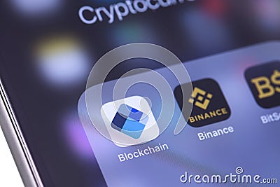 Blockchain app and Binance - cryptocurrency exchange icons on th Editorial Stock Photo