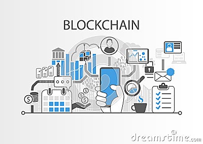 Blockchain background illustration with hand holding smartphone and icons Vector Illustration