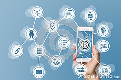 Blockchain and bitcoin concept visualized by mobile phone and blue background Stock Photo