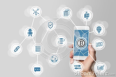 Blockchain and bitcoin concept visualized by mobile phone and grey background Stock Photo