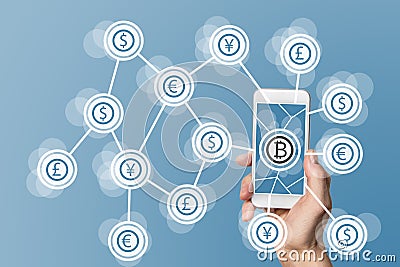 Blockchain and bitcoin technology and mobile computing concept on blue background Stock Photo