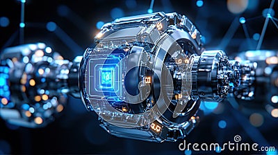 Blockchain chain links illuminated by glowing circuitry represent the strength and transparency of digital ledgers in Stock Photo