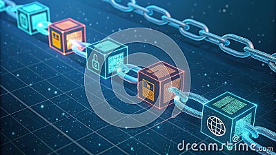 Blockchain Chain A series of interconnected blocks each containing data linked together with a glowing digital chain.. Stock Photo