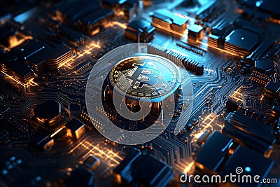 Blockchain, circuit with computer information processor, mind of a computer equipment Stock Photo
