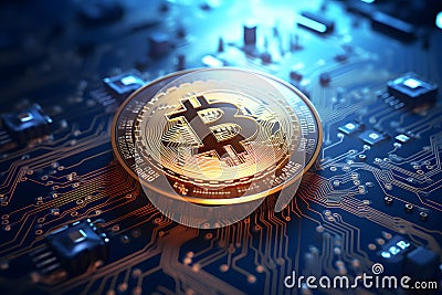 Blockchain, circuit with computer information processor, mind of a computer equipment Stock Photo