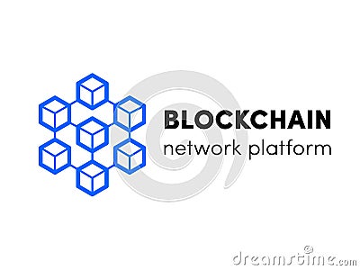 Blockchain, cloud server or hosting logo. Vector block chain network isometric template design for cryptocurency bitcoin, ethereum Vector Illustration