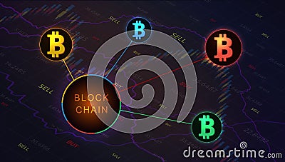 Blockchain concept banner on background of stock market graph. Stock Photo