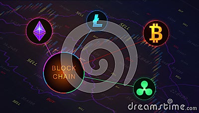 Blockchain concept banner on background of stock market graph. Vector Illustration