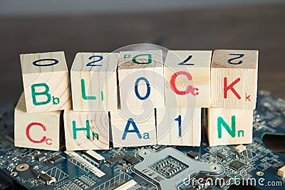 Blockchain concept. Wood blocks say block chain with binary code Stock Photo