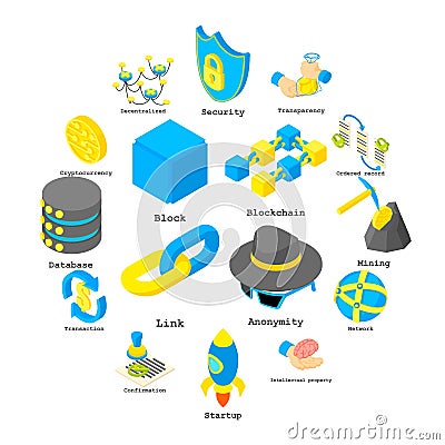 Blockchain crypto money icons set, isometric style Cartoon Illustration