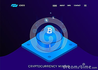 Blockchain and Cryptocurrency mining isometric concept. Digital money vector illustration. Bitcoin, Litecoin, Ethereum crypto Vector Illustration