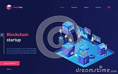 Blockchain cryptocurrency startup isometric landing page, crowdfunding investment Vector Illustration