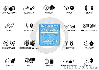 Blockchain and cryptocurrency thin line icon set. Pixel perfect icons with 1 px line width for optimal app and web usage Vector Illustration