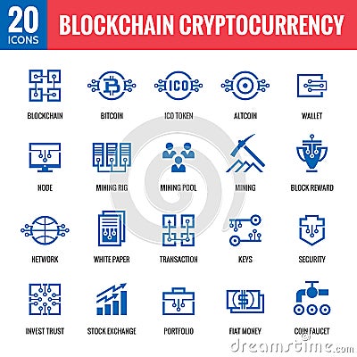 Blockchain cryptocurrency - 20 vector icons. Modern computer network technology sign set. Digital graphic symbols. Bitcoin. Vector Illustration