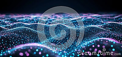 Blockchain 3D illustration. Information waves and global databases. Neuronal networks and stock. Abstract technological Cartoon Illustration