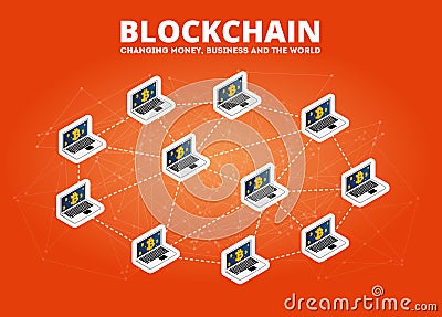 Blockchain data transfer isometric illustration bitcoin cryptocurrency technology Vector Illustration