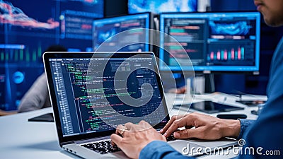 Blockchain developer working on complex blockchain code in modern workspace Stock Photo