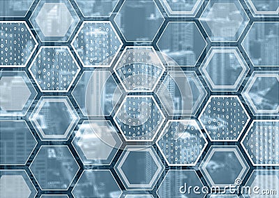 Blockchain or digitization blue and grey background with hexagonal shaped pattern Stock Photo