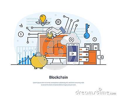 Blockchain financial technology, cryptocurrency development and secure transactions Vector Illustration