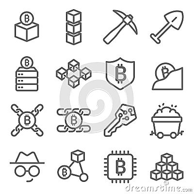 Blockchain icons set vector illustration. Contains such icon as Cryptocurrency, Dig, Private key, Database and more. Expanded Stro Vector Illustration