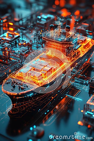 Blockchain Integration, A futuristic cargo ship rendered as a hologram is displayed at a virtual dock, enhanced by hovering Stock Photo