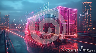 Blockchain Integration, A sleek, transparent hologram of a truck container, surrounded by floating, colorful annotations about Stock Photo