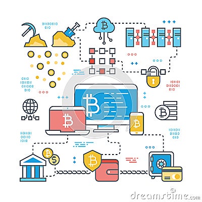Blockchain and internet cryptocurrency transaction. Bitcoin stock market and finance support vector concept Vector Illustration