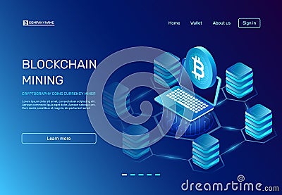 Blockchain mining. Cryptography coins currency miner on laptop connected to blockchain bitcoin network. E commerce Vector Illustration