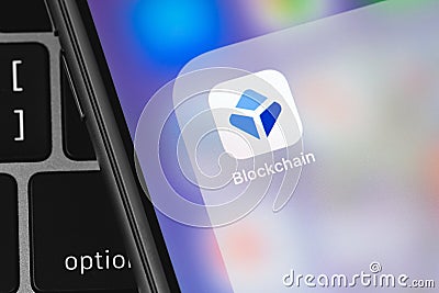 Blockchain mobile app on the screen Editorial Stock Photo