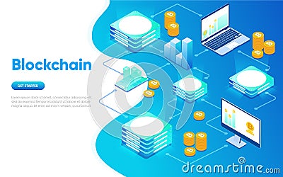 Blockchain modern flat design isometric concept. Cryptocurrency concept. Landing page template. Conceptual isometric Vector Illustration