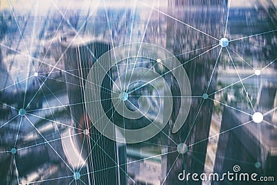 Blockchain network on blurred skyscrapers background. Financial technology and communication concept Stock Photo