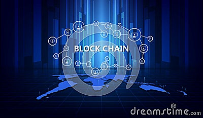 Blockchain network concept, distributed ledger technology, chain messages, blocks and computer connections worldwide. vector Vector Illustration