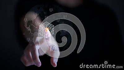 Blockchain network connecting. Hand touching block chain connection financial technology virtual reality Stock Photo