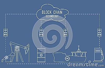 Blockchain. RFID technology. Extraction, transportation, storage, sale of petroleum products. From the supplier to the consumer Vector Illustration