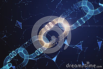 Blockchain security digital technology concept with glowing blue digital chain on dark backdrop. Stock Photo