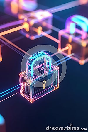 A blockchain security system visualized as glowing transparent locks connected by encrypted data, high-tech, sleek, neon blue Stock Photo